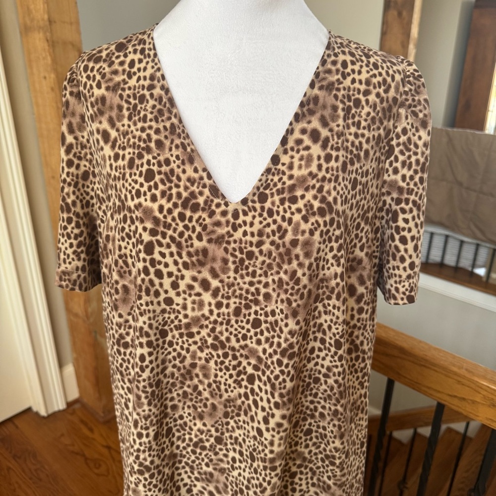Leopard Print V-Neck Dress A-line ruffle hem tan brown cream L - Picture 2 of 6